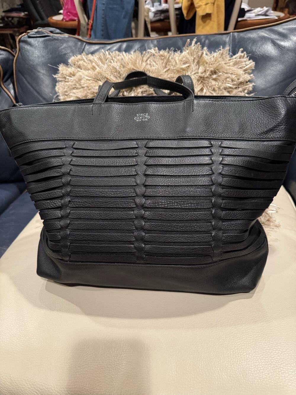 Vince Camuto Loida Black Leather Woven Panel Large Tote Bag  18x12x4”